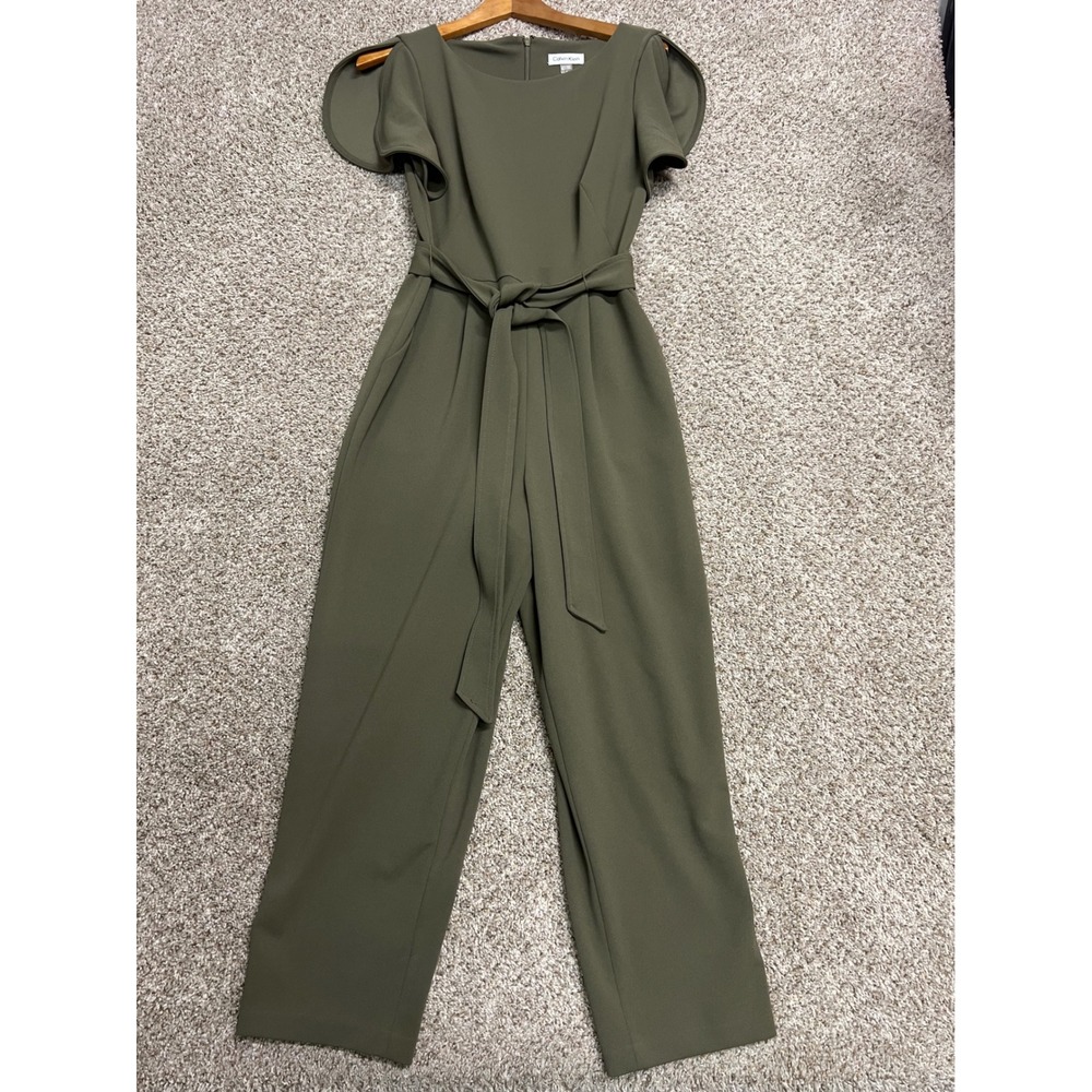 Calvin Klein Womens Olive Green Tulip Sleeve Tie Waist Wide Leg Jumpsuit Size 8